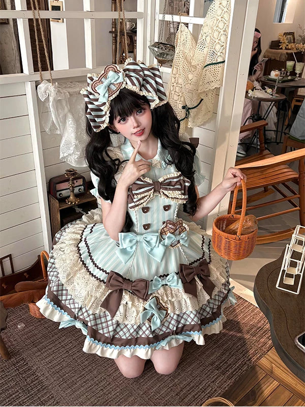 Creamy - Mint Bear - Mint one-piece dress set (OP) with headwear and layered lace trim