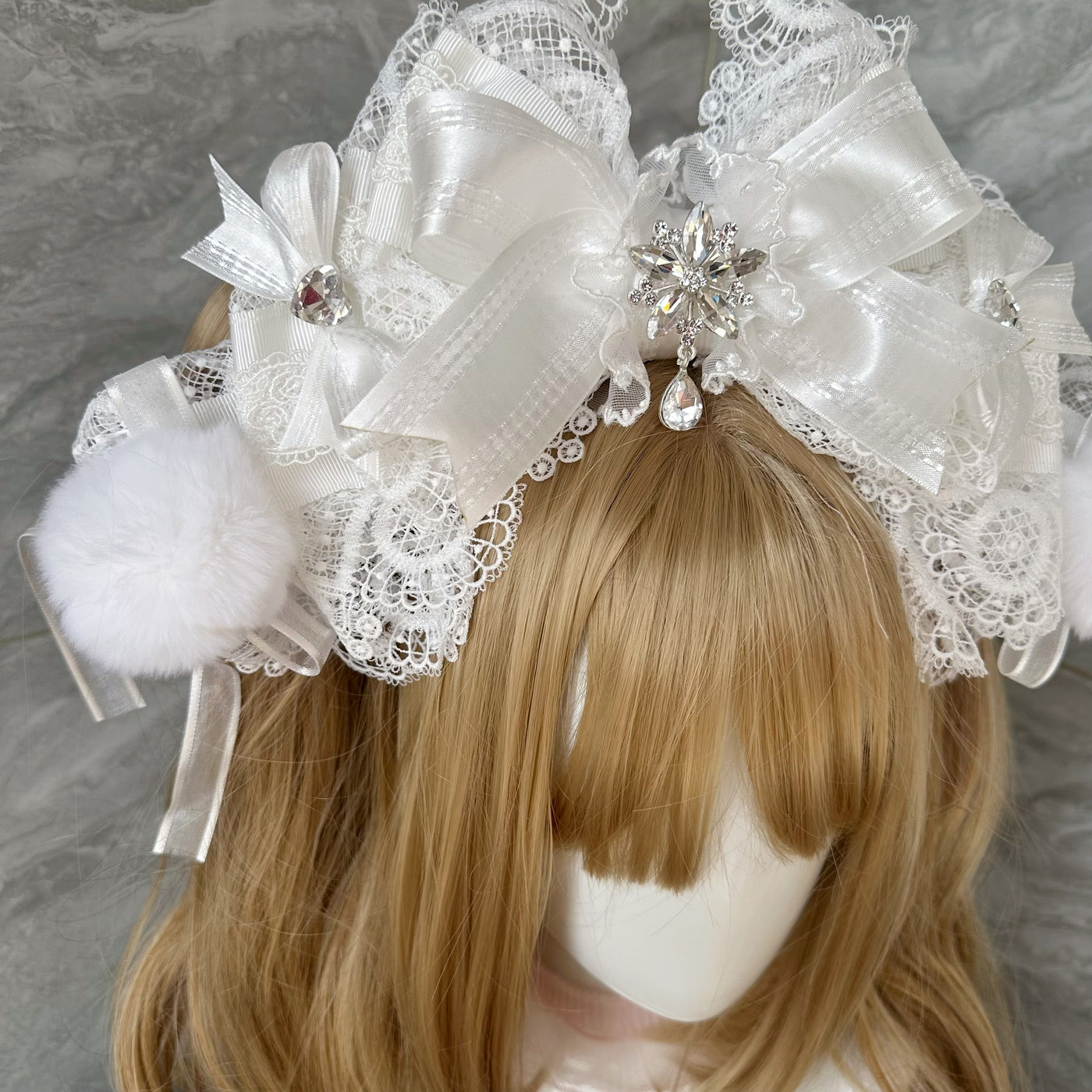 candycoco - Snowflake Ribbon - Lace Bow Headband with a Jeweled Centerpiece