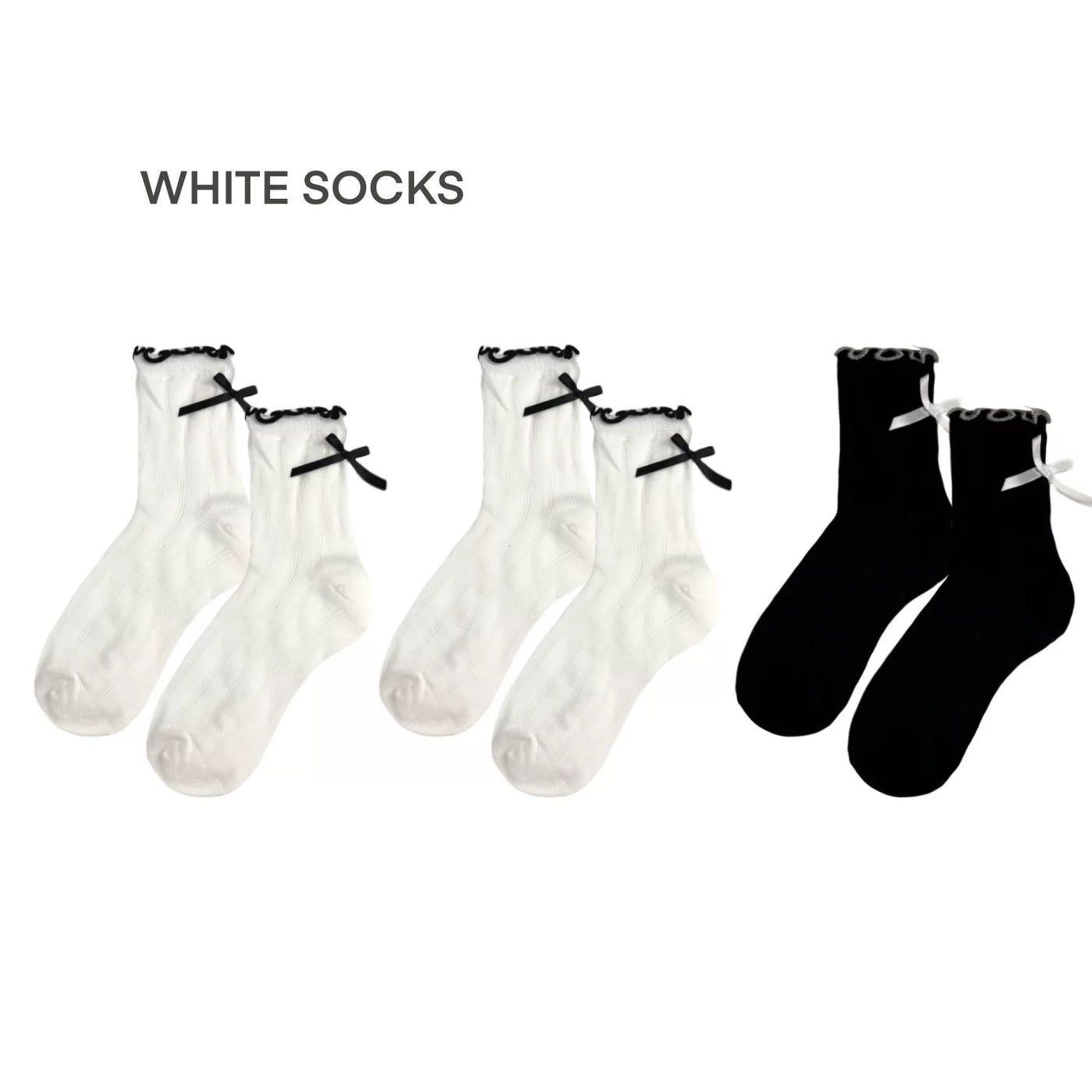 White Socks - Ballet Ribbon - Mid-Calf Socks with Lace Trim and Bow Detail