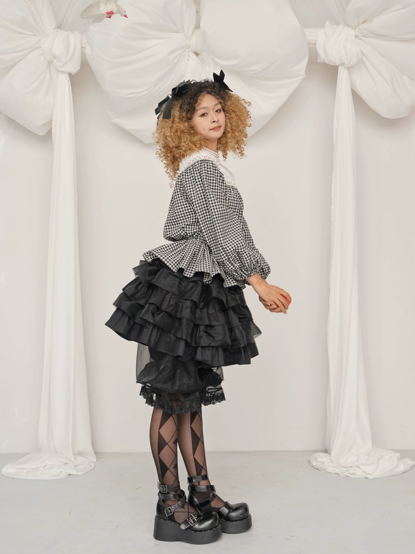 LACE GARDEN - Doll Check - Black-and-White Plaid Blouse and Pumpkin Pants Set with Layered Ruffles