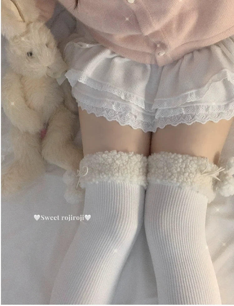 Roji Roji - Winter Fuzzy Ball Lolita Socks Over - Knee Thick Socks Socks