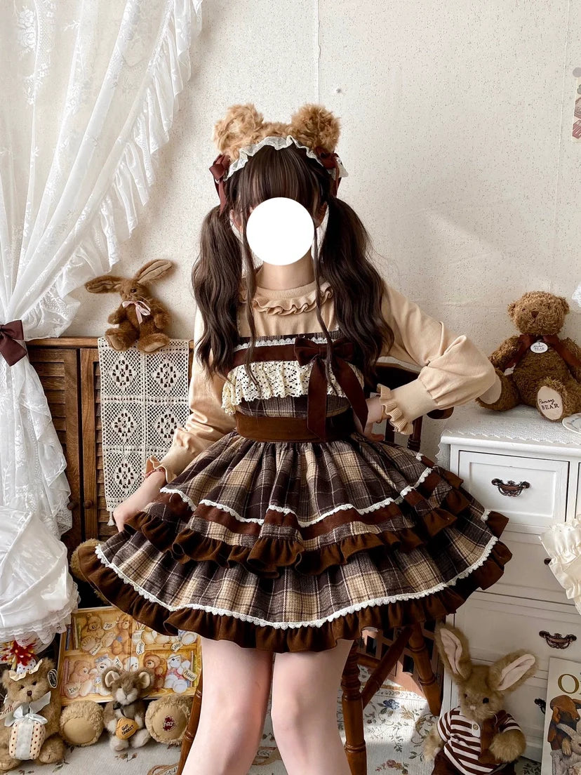 Qianmu - Caramel Cocoa - Sweet Lolita JSK Plaid Design Autumn and Winter Dress