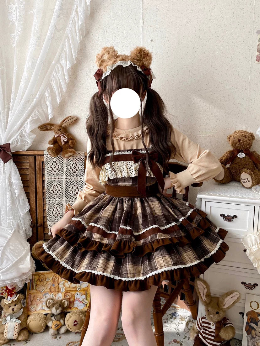 Thousand Wood - Caramel Cocoa - JSK with Brown Plaid Tiers and Ruffle Trim