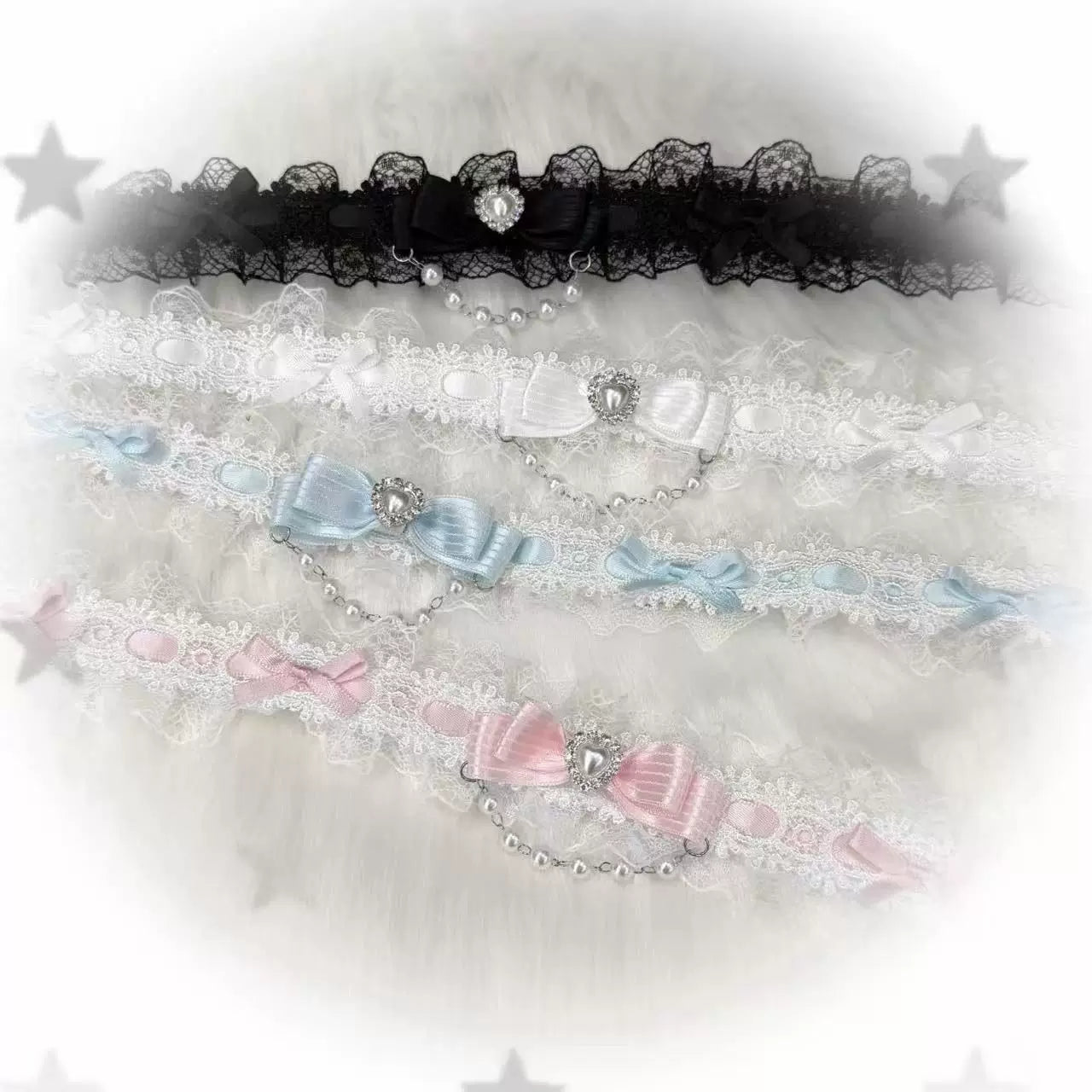 White, black, light blue and light pink lace Lolita chokers with bows and pearl chains