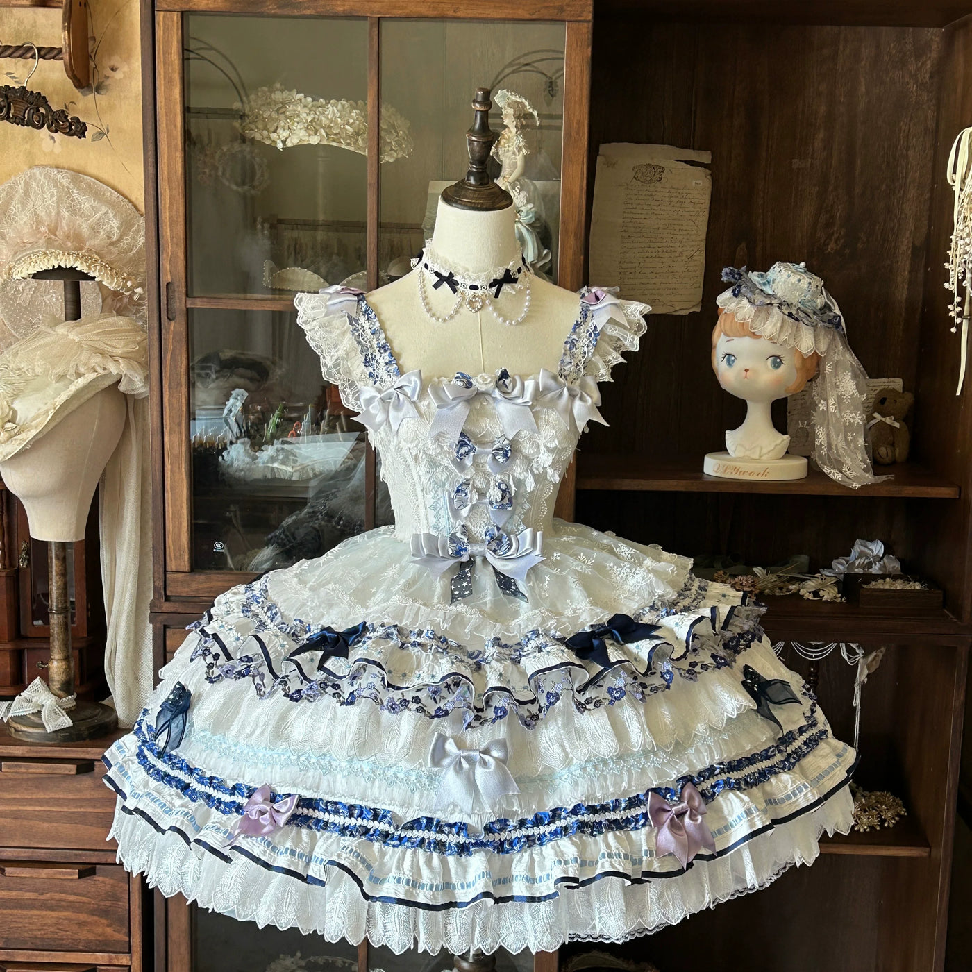 Alice - Snow Country Blue Glaze - OP Dress with Porcelain-Inspired Floral Trim