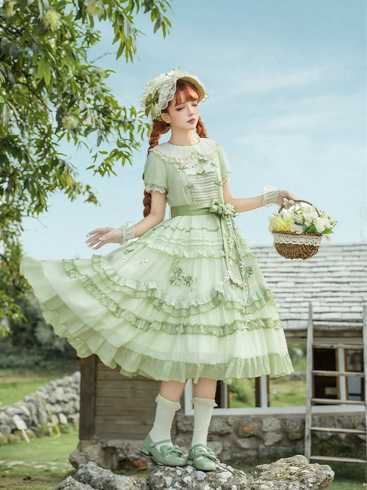 With PUJI - Green Grape - Embroidered Country Lolita OP Dress, Tiered JSK detail view 3