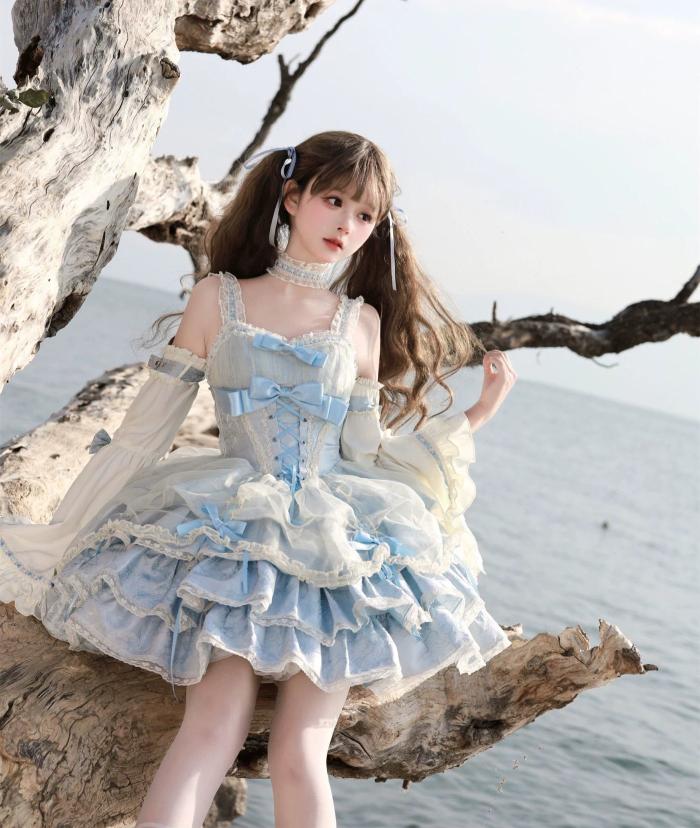 Creamy - Apricot Blue - Apricot-blue JSK dress with lace-trimmed sleeves