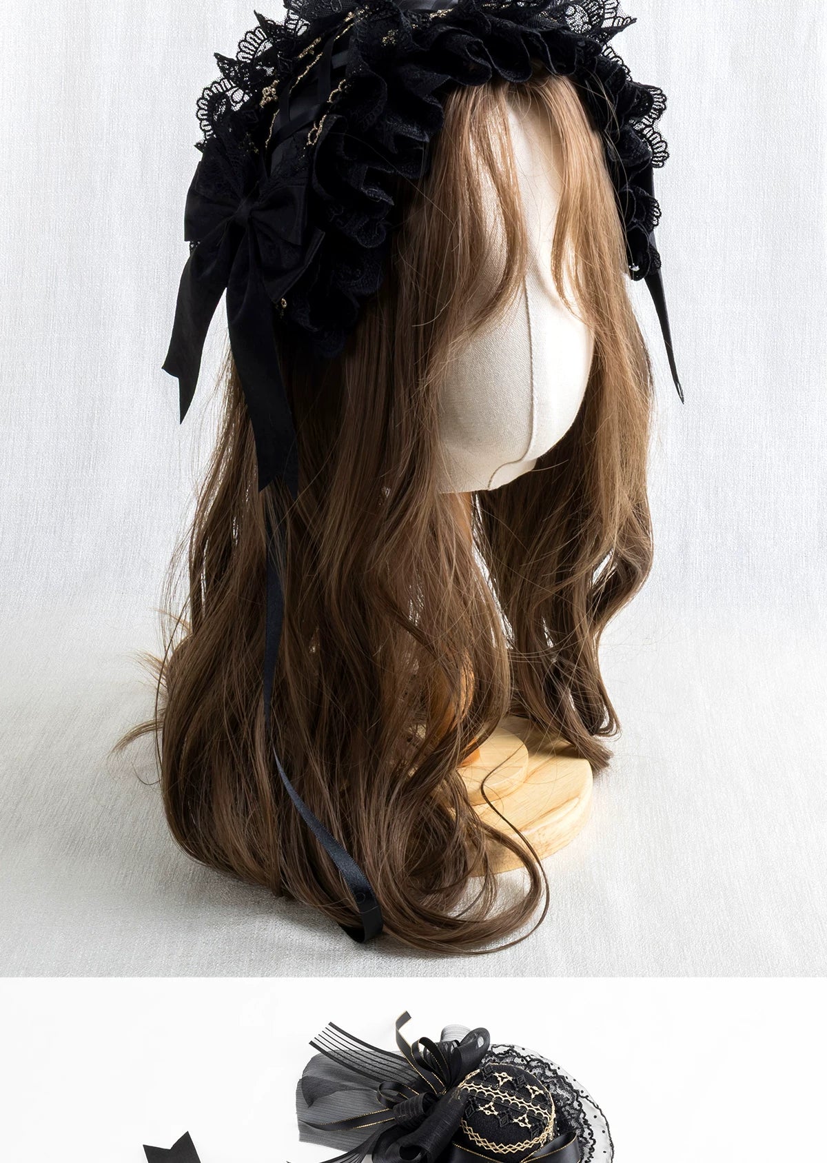 Lightbound Narrative - Black and Gold Formal - Black Dress Hat or Headband with Lace and Gold Trim