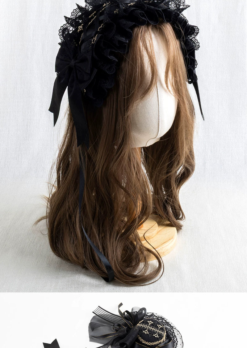 Lightbound Narrative - Black and Gold Formal - Black Dress Hat or Headband with Lace and Gold Trim