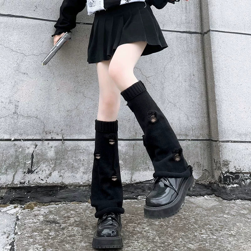 Floral Milk Cat - Ripped Knit - Long Knit Leg Warmers with Ripped-Hole Detail