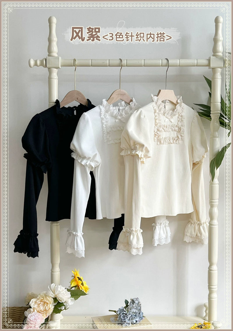 With PUJI - Wind Floc - Classic Lolita Top, Ruffle Trim & Stand Collar detail view 6