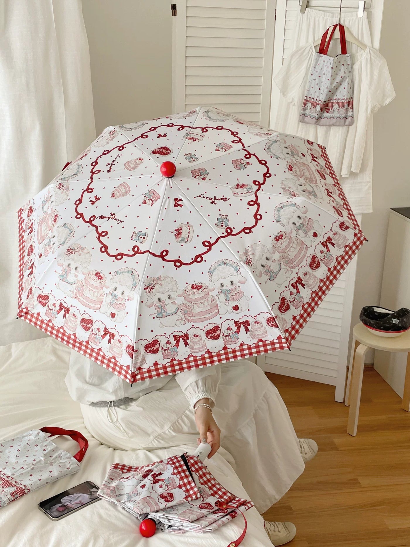 Independent Brand - Cherry Blossom Cat and Lamb - Cat motif sun/rain umbrella with manual and automatic options