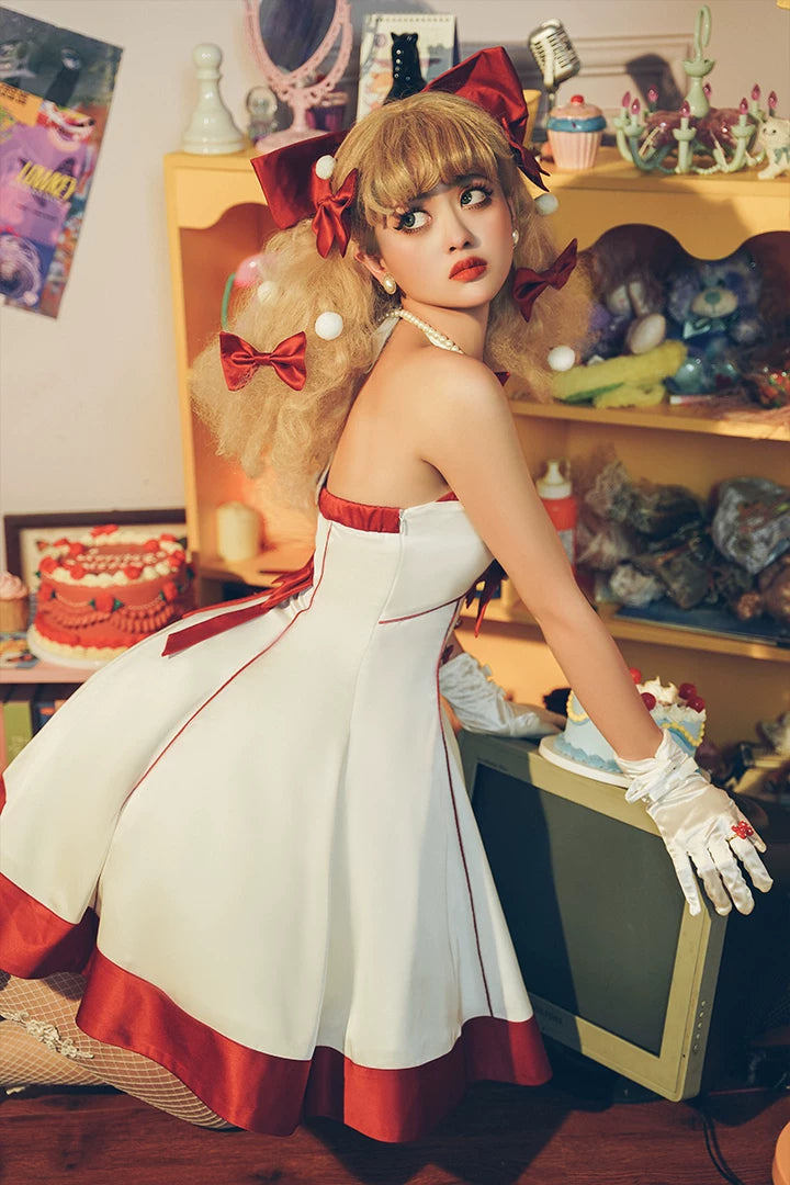Baozi Pig - Summer Sweetheart - Milky White JSK Dress with Red Trim and Bow Details