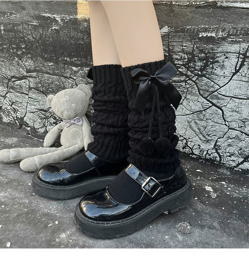 Floral Milk Cat - Pom-Pom Bow - Knit Leg Warmers with Bow and Pom-Pom Details