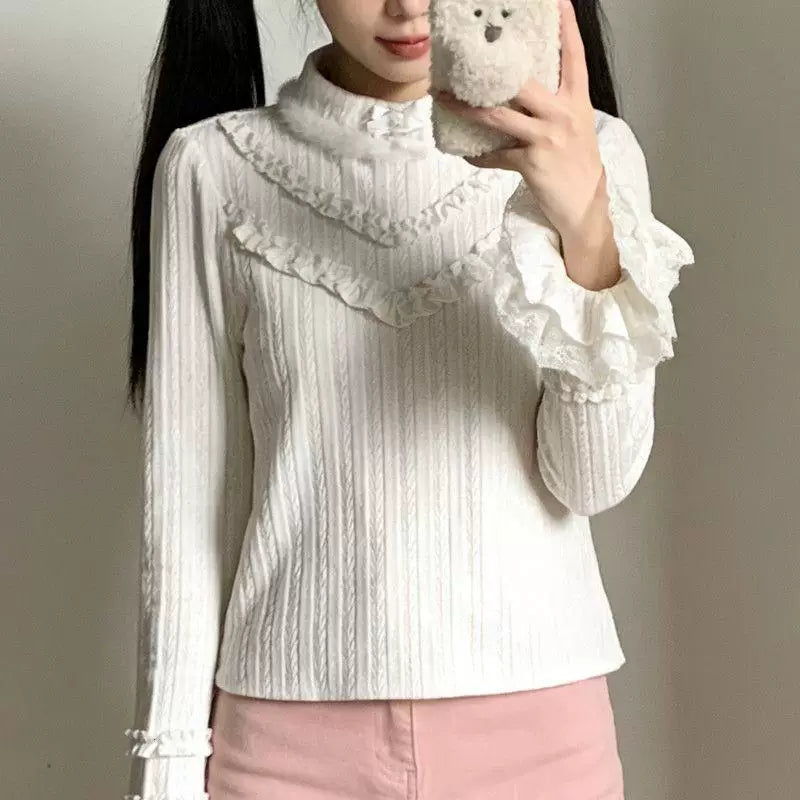 Sweetheart Dream Machine - Lace Inner Layer - Long-Sleeve Blouse with Ruffled Collar