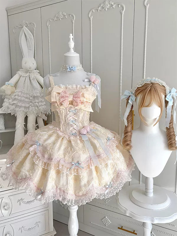 Creamy - Candy Apricot Ballet - Dreamlike One-Piece Dress with Layered Ruffles