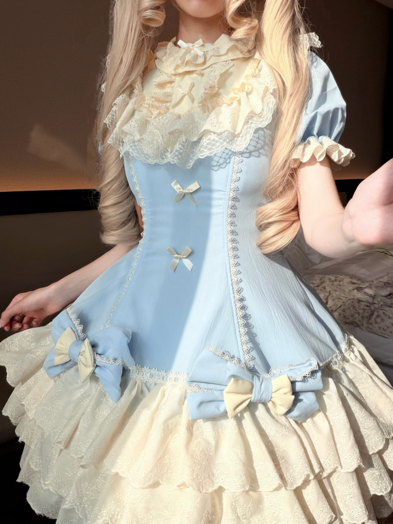 Purple Sweetheart Cream Cream Tart sweet lolita tiered cake dress with lace trim and puffed sleeves