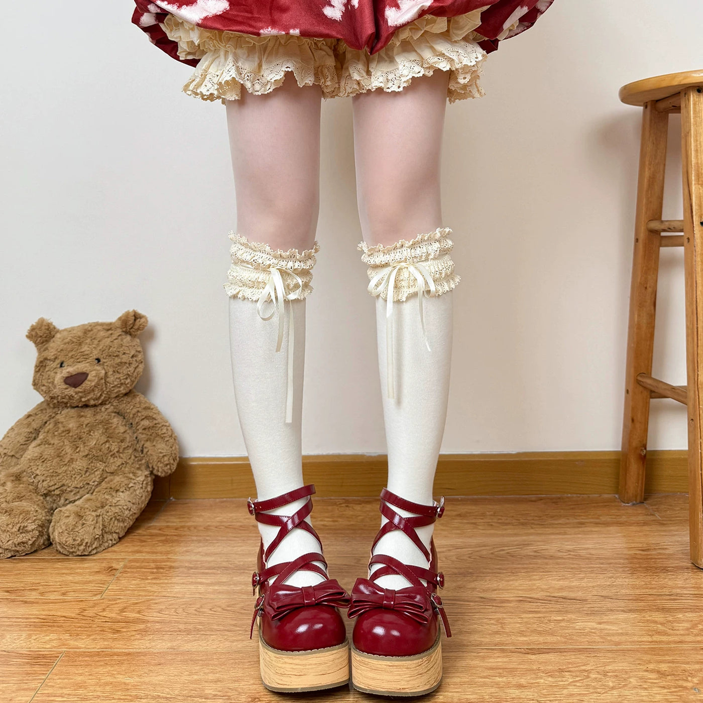 Chubby Bear Tales - Caramel Cocoa - Socks with Optional Lace-Up Ribbon Accents