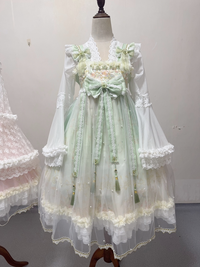 Youliji - Peach Butterfly Spring Letter - JSK Dress with Floral Bodice - Green JSK skirt + bow (accumulate to receive airplane box / S