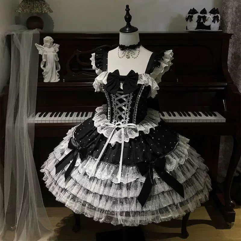 Sweetheart Dream Machine - Black & White Bow - JSK dress with layered ruffles