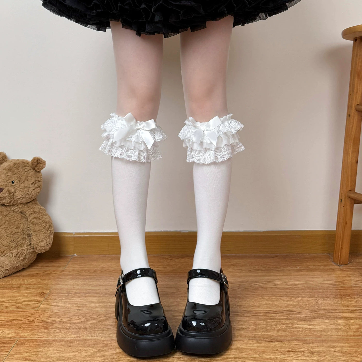 Chubby Bear Tales - Showa Doll - Lolita Socks with Layered Lace Ruffles and Bows