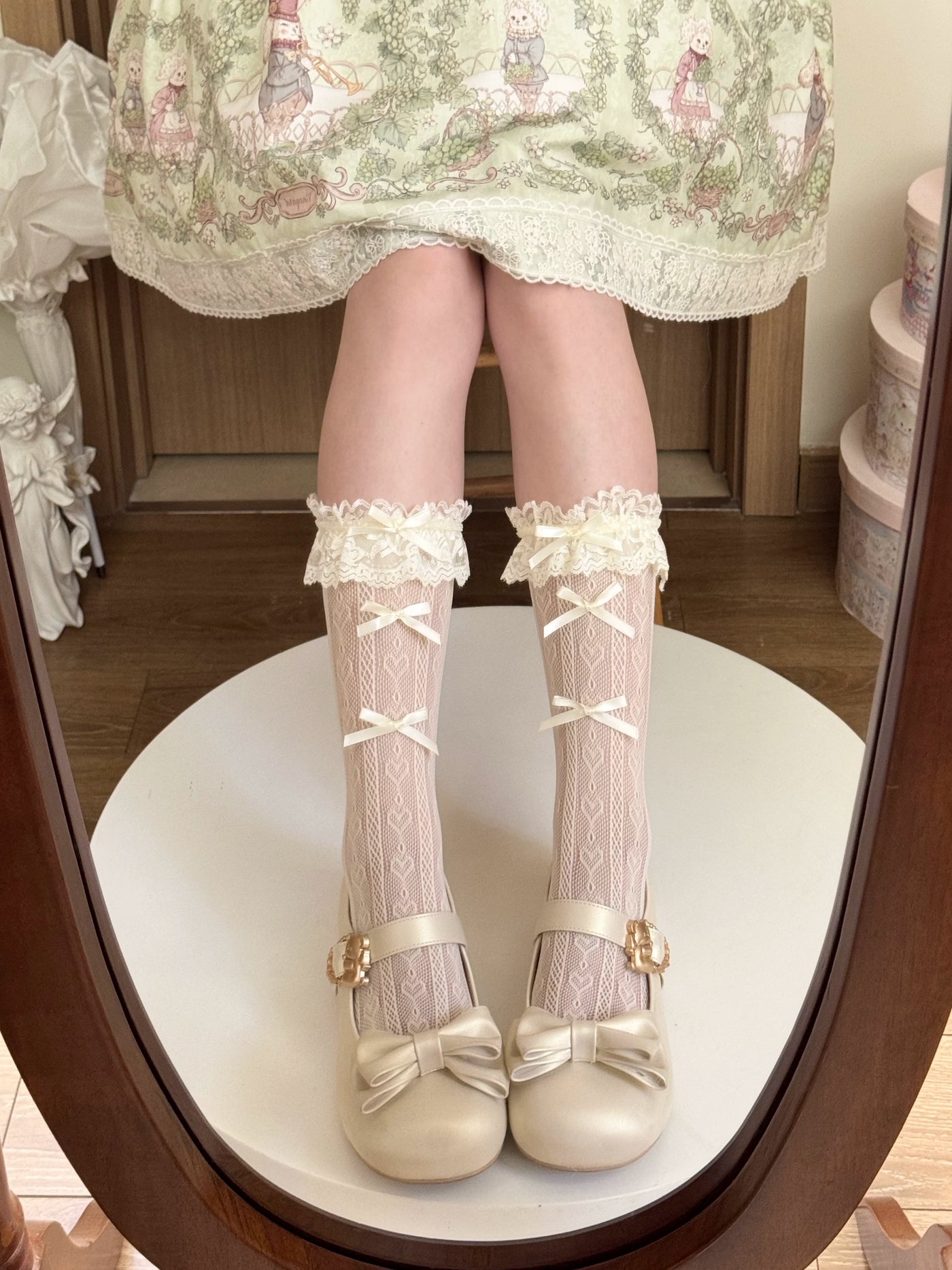 Fantasy Doll - Ribbon Lace - Yellow Mid-Calf Socks with Lace Cuffs