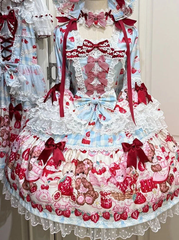 Tiantian - Strawberry - Long-Sleeved OP Dress with Lace Bows