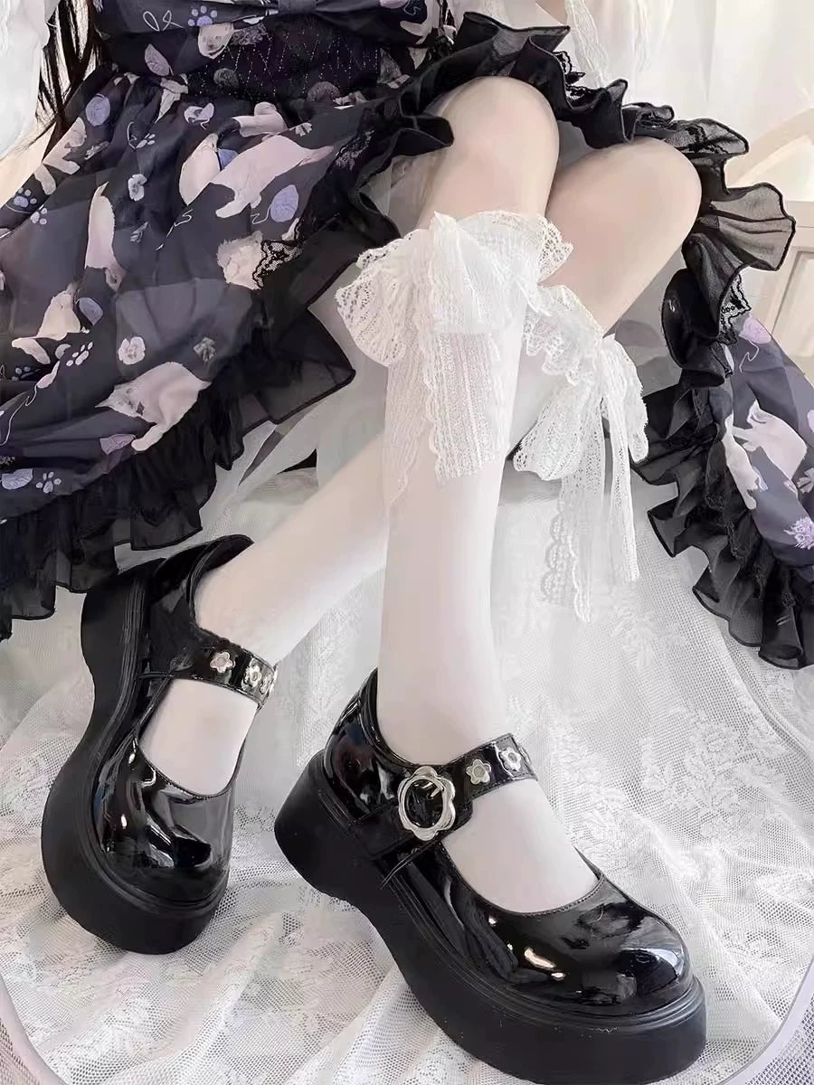 Floral Milk Cat - Lace-Tie Cuff - Thin-Velvet Calf Socks with Lace Trim