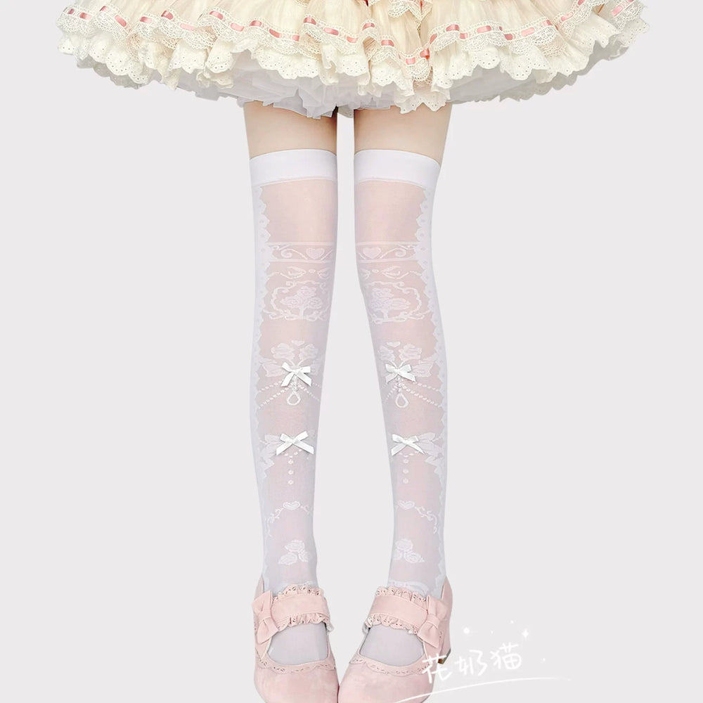 White Sweet Lolita over-the-knee socks with floral lace, bows and pearl accents