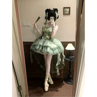 Green Ballet Fairy - Green Chinese-Style Lolita Dress with Train - Green dress + hand sleeves + neck accessory + train + petticoat / S