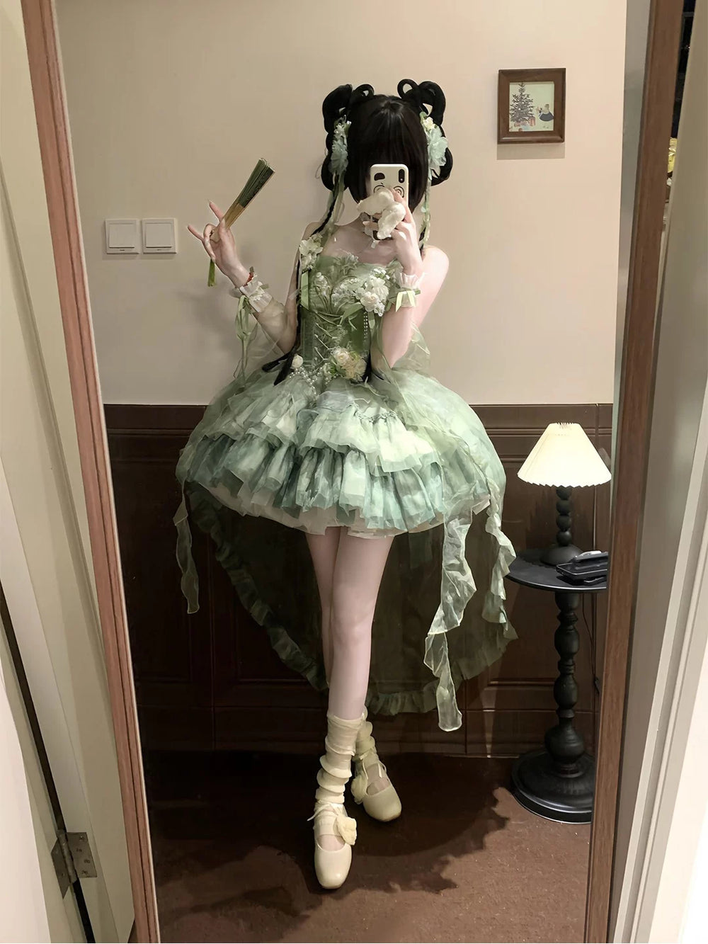 Creamy green Chinese-style Lolita dress with layered ruffles, hand sleeves and trailing train