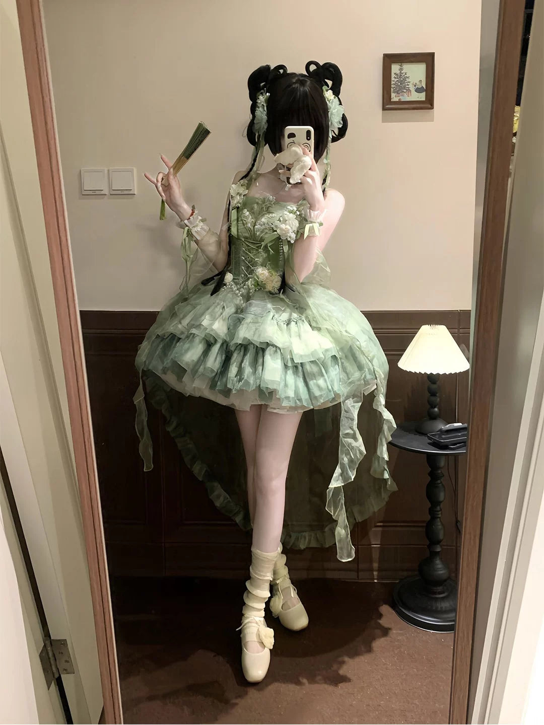 Creamy green Chinese-style Lolita dress with layered ruffles, hand sleeves and trailing train