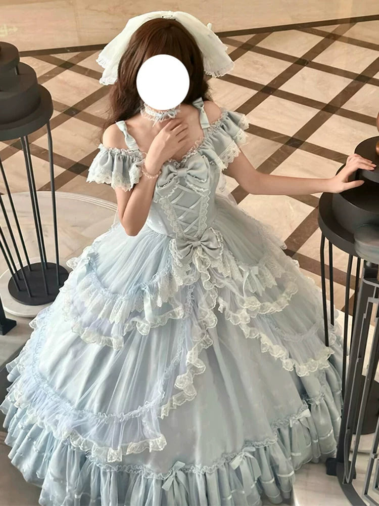 Pale blue Lolita ballgown paired with matching petticoat for added volume