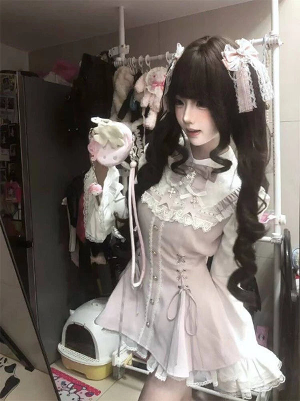 Creamy - Pink Lace Duo - Pink Gothic Lolita Pants Set with Lace Dress