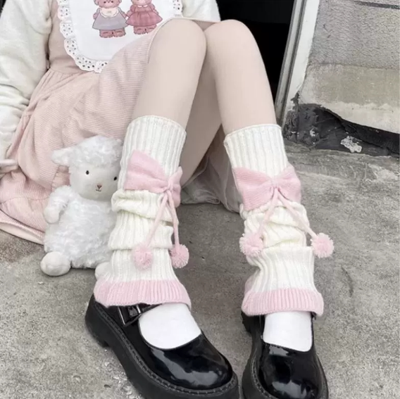 Fantasy Doll - Sweet Bow Pom-Pom - Pink-and-White Leg Warmers with Bow Trim