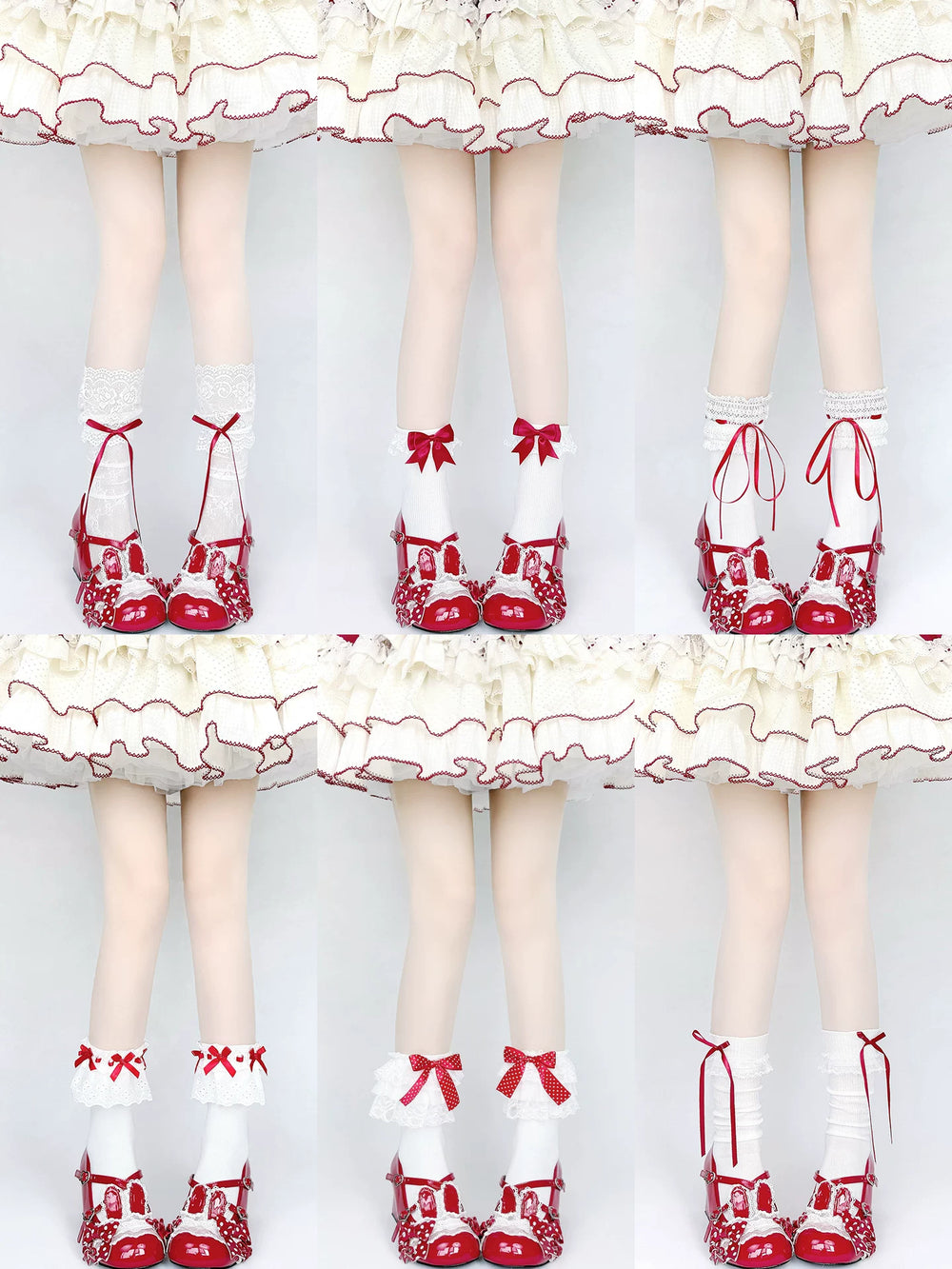 Floral Milk Cat red socks with bows and lace-trimmed variations