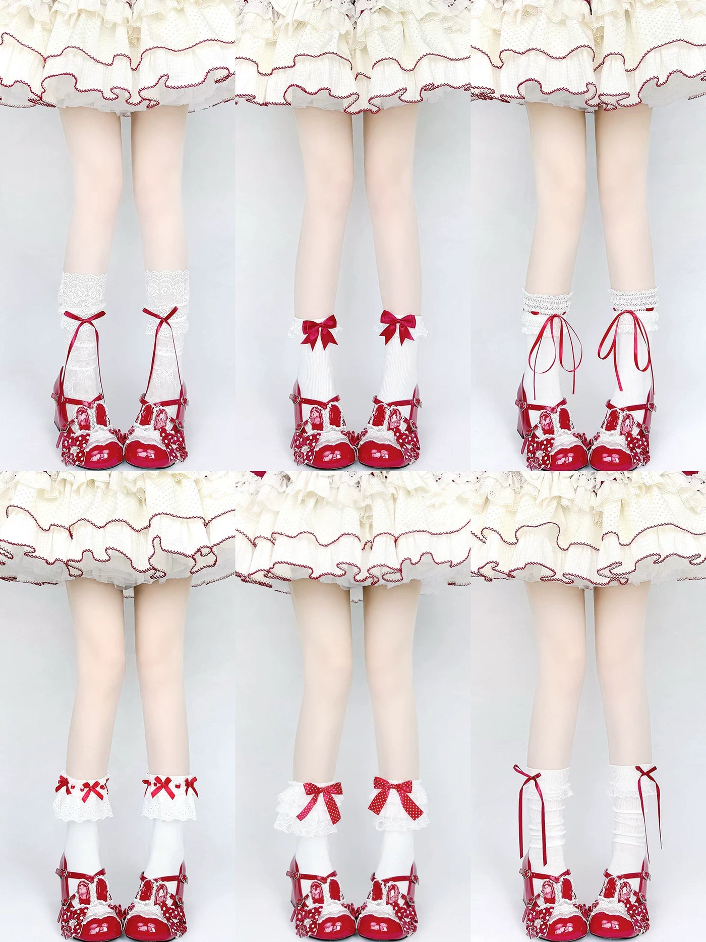 Floral Milk Cat red socks with bows and lace-trimmed variations