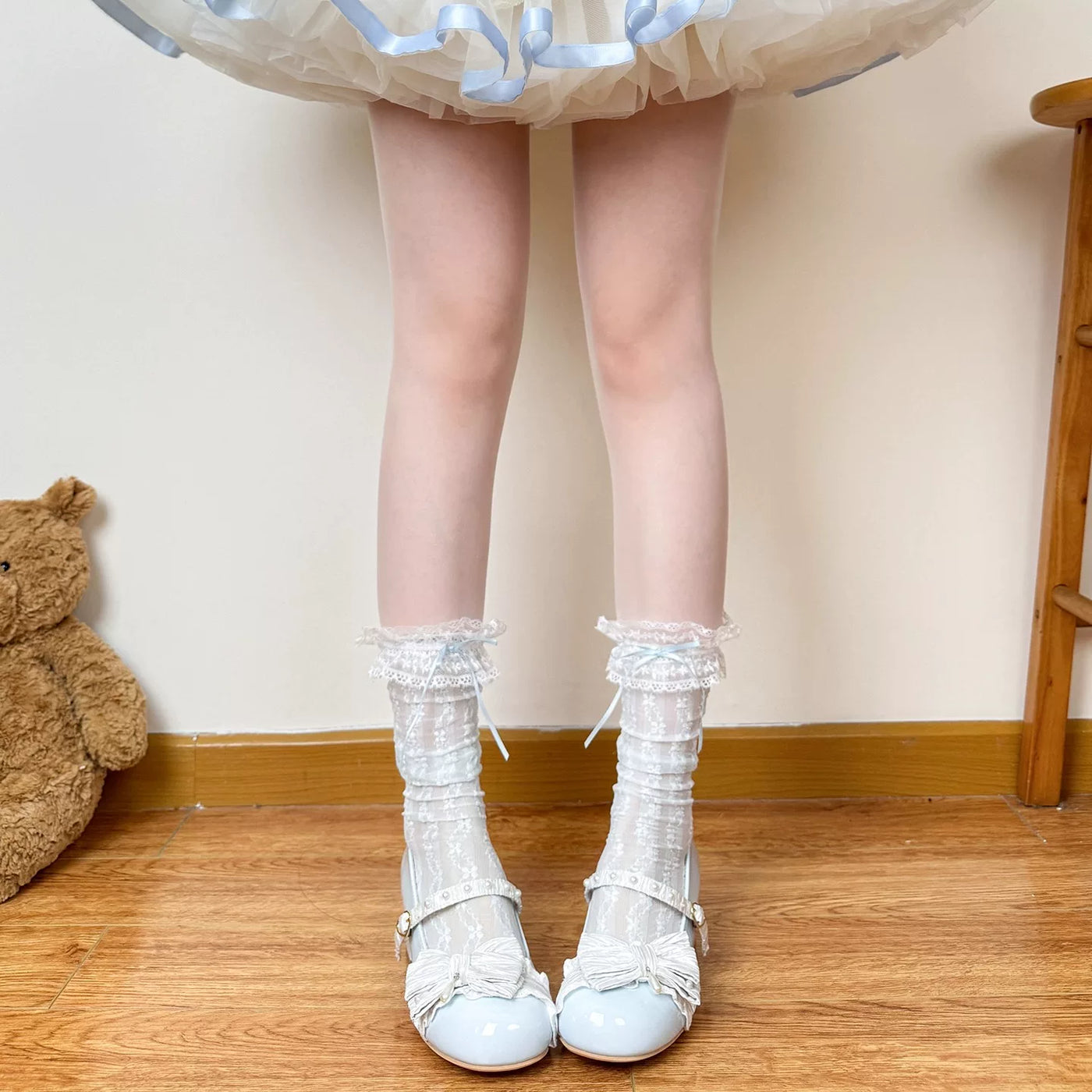 Chubby Bear Tales - Blue Ribbon Lace Collection - Blue-and-White Lolita Sock Collection with Bow Options