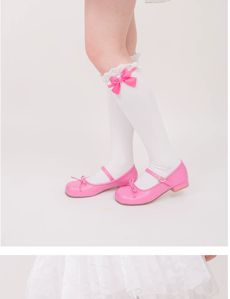 roji roji - Doll Bow Lace - Black or Pink Lace-Trimmed Socks in Three Lengths