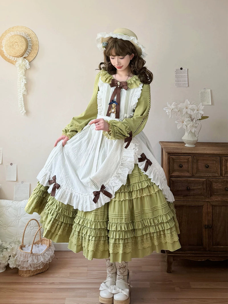 Wide-brimmed straw hat with white lace trim and sage green ribbon (sold separately)