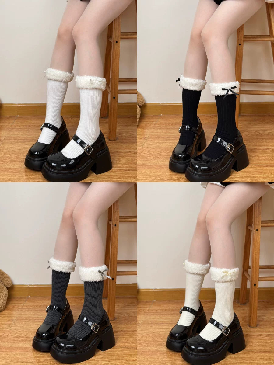 Chubby Bear Tales - Plush Ribbon Slouch - Mid-calf socks with fluffy cuffs and bow accents
