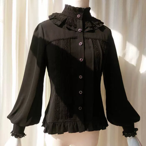 White sweet lolita blouse with ruffled lace collar and bishop sleeves