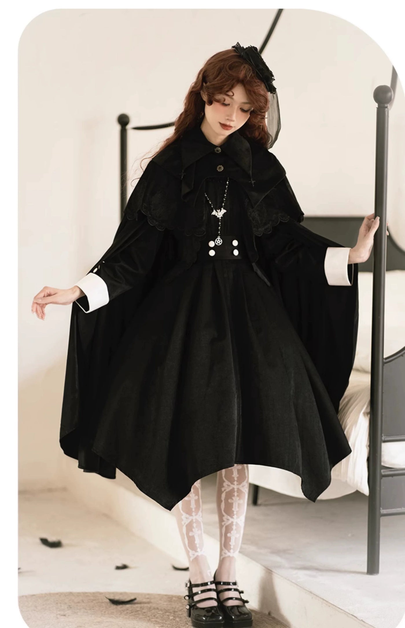 With PUJI - Pilgrim - Black Gothic Lolita Cape, Detachable 2-Piece