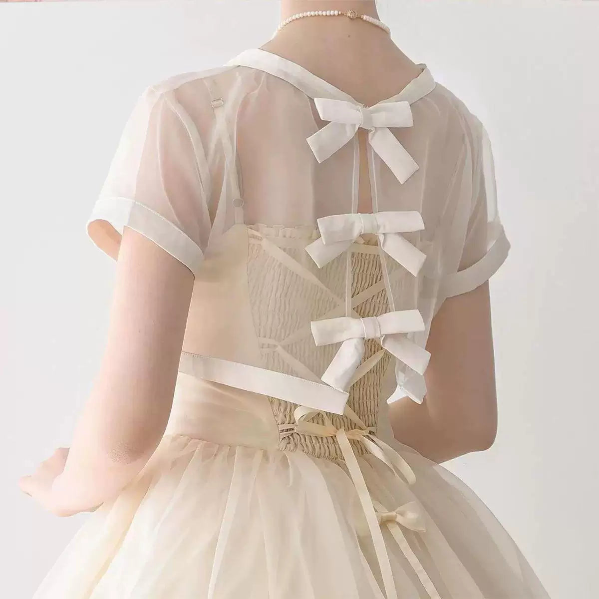 Sweetheart Dream Machine - Ribbon Overlay - Short-Sleeve Blouse with Sheer Panels and Bow Details