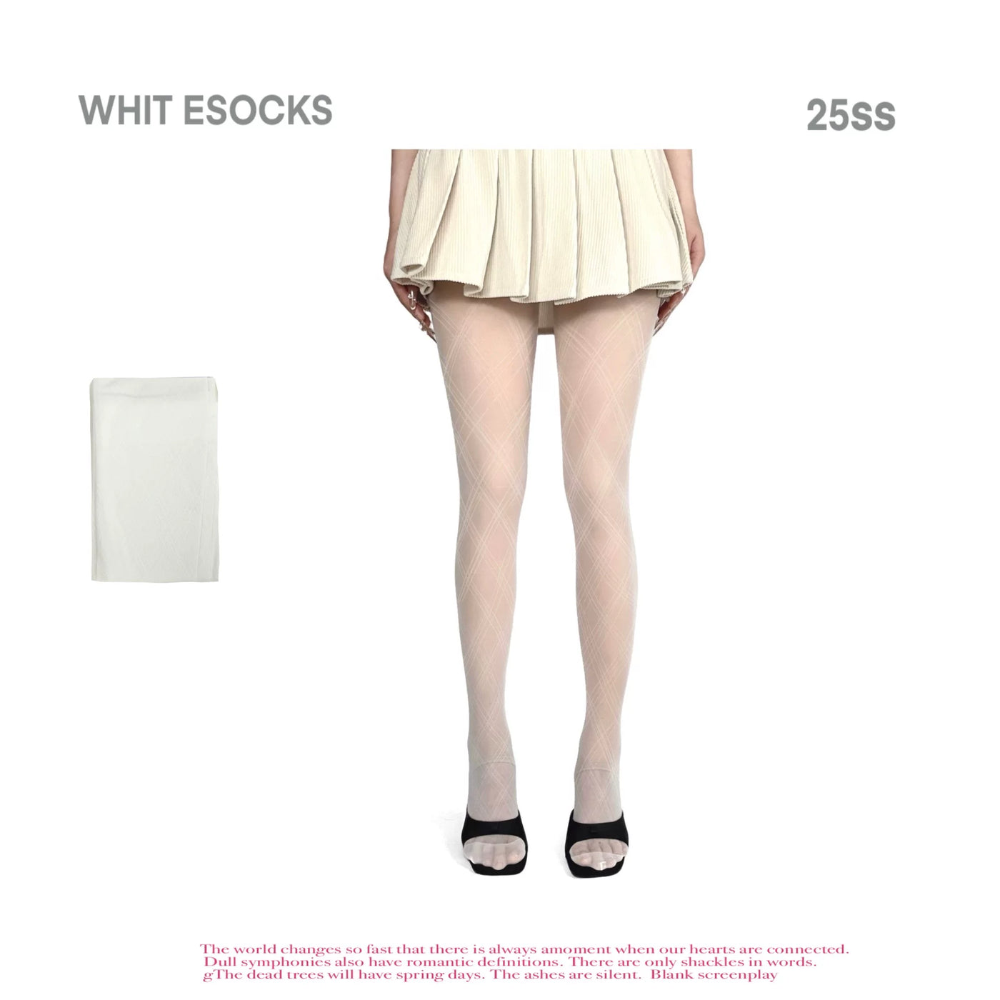 Fine diamond-grid tights shown with a pleated white skirt and taupe boots.