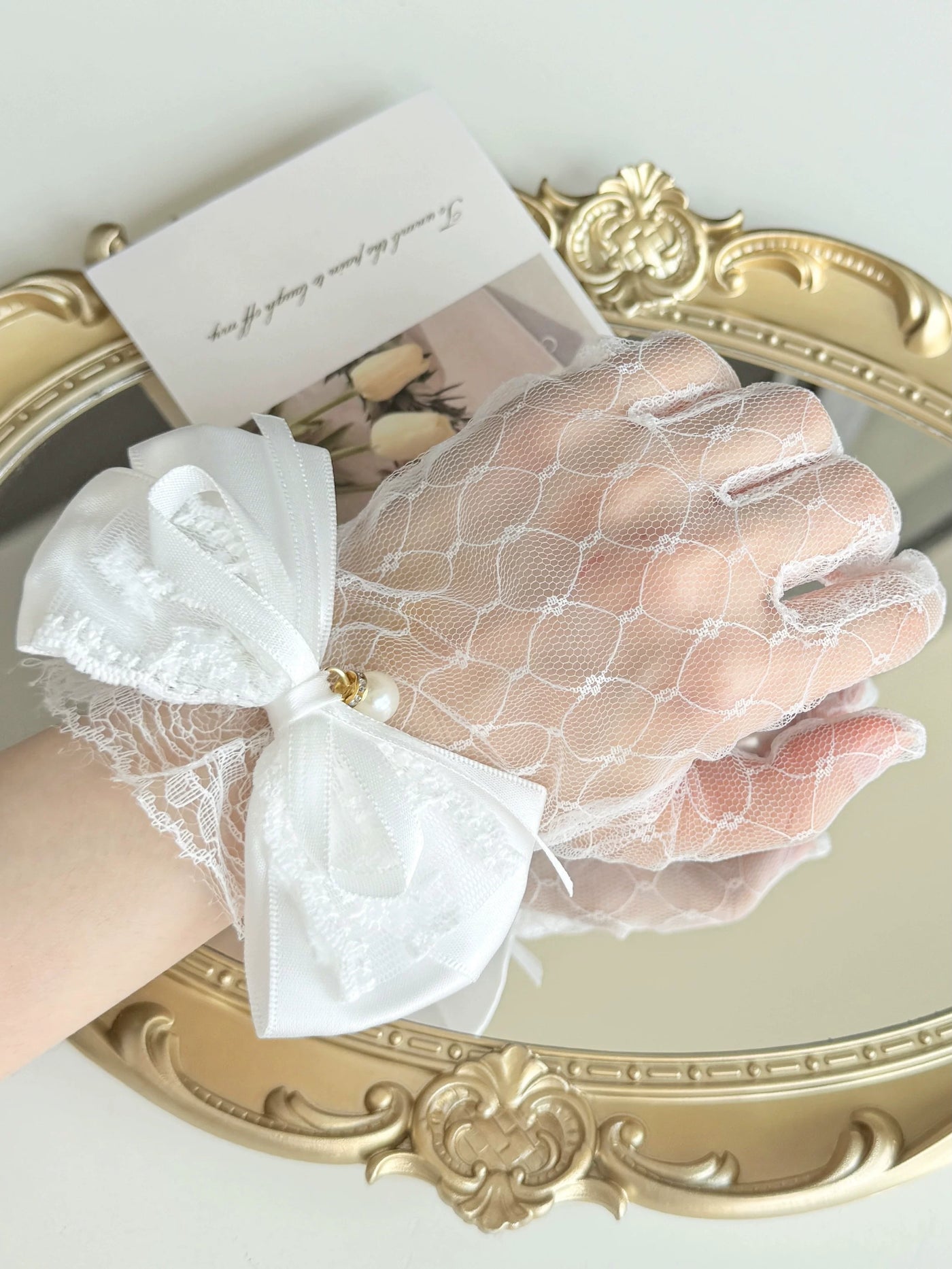 Fantasy Doll - Pearl Bow Lace - White Gloves with Layered Bow Cuffs