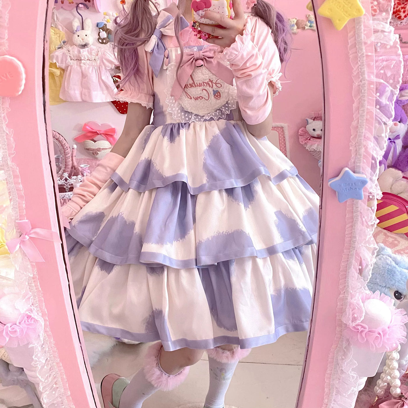Tata Long Ear - Milk Cake Cow Print - Cow-Print JSK Dress with Three-Section Skirt