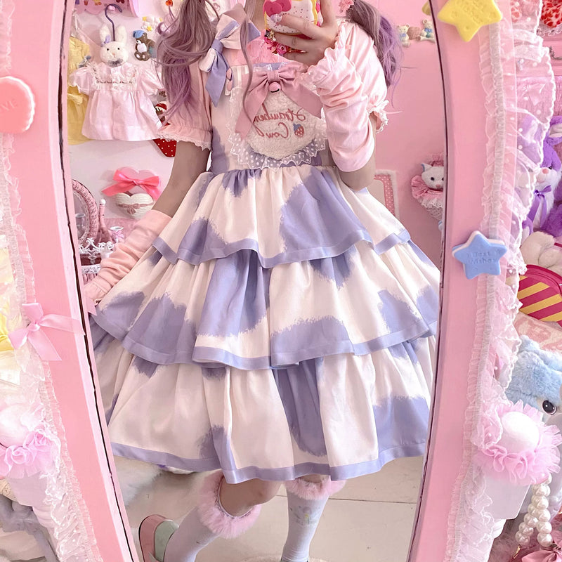 Tata Long Ear - Milk Cake Cow Print - Cow-Print JSK Dress with Three-Section Skirt