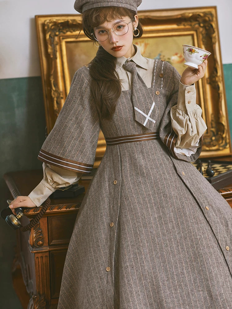 Baozi Pig - Detective Era - One-Piece Dress and Woolen Coat Set with Pinstripes