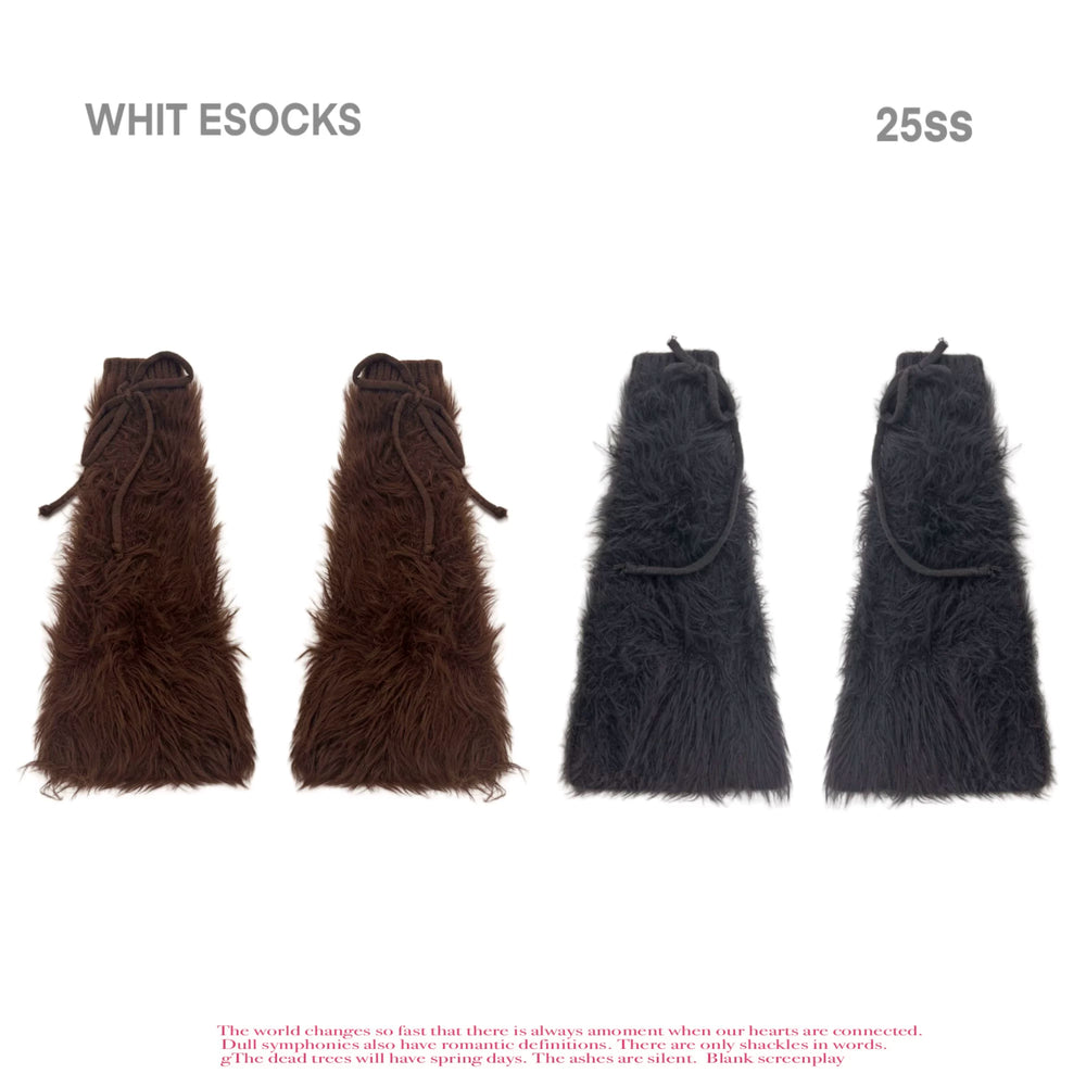 Brown and dark gray faux-mink leg warmers with tie ribbons shown as colour options.